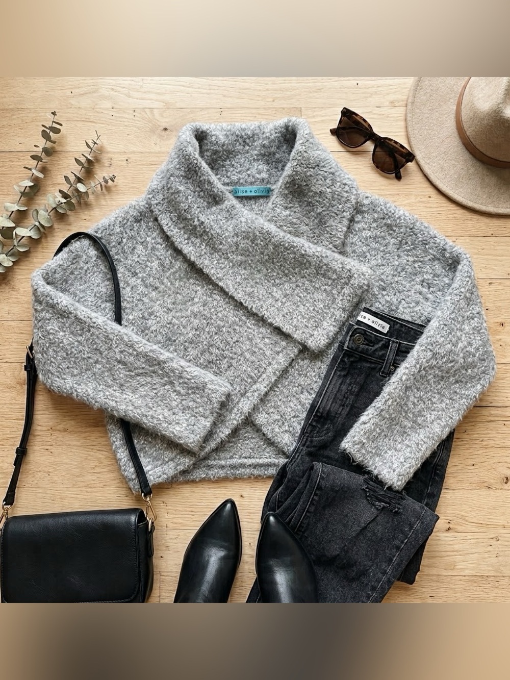 Alice + Olivia Charcoal Gray Convertible Bouclé Knit Sweater Jacket one size